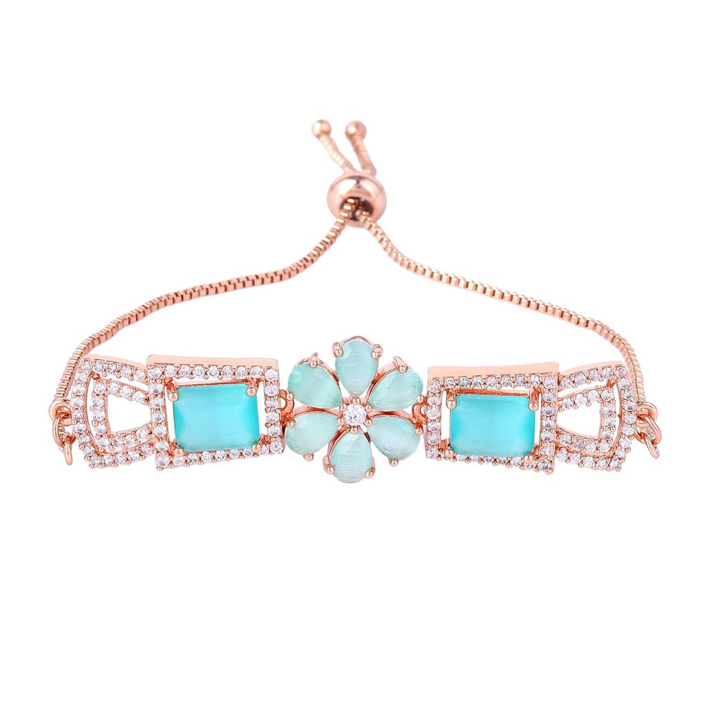 Estele Rosegold Plated Stylish Floral Designer Adjustable Charm Bracelet With Shiny Mint Green American Diamon : AD-068-RGMGBR