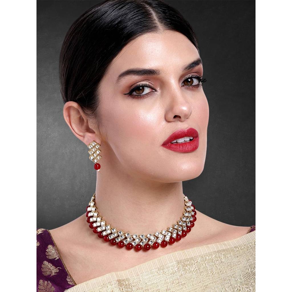 Gold Plated Indian Ethnic Kundan Pearl Fancy Bridal Traditional Choker Necklace Jewellery Set With Earrings For W : PF25N1018M