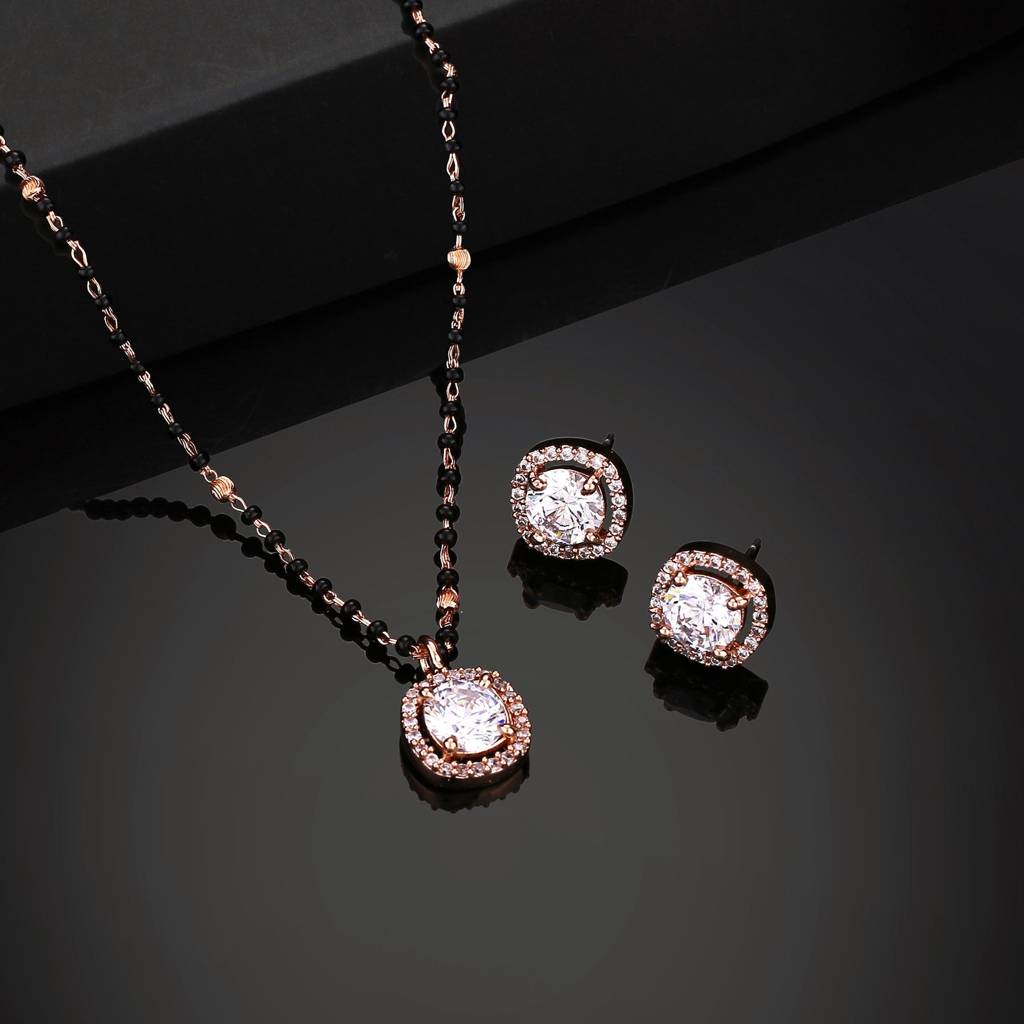 Estele Rose Gold Plated Cz Sparkling Square Designer Mangalsutra Necklace Set For Women. : ADMS037-RGWENKER