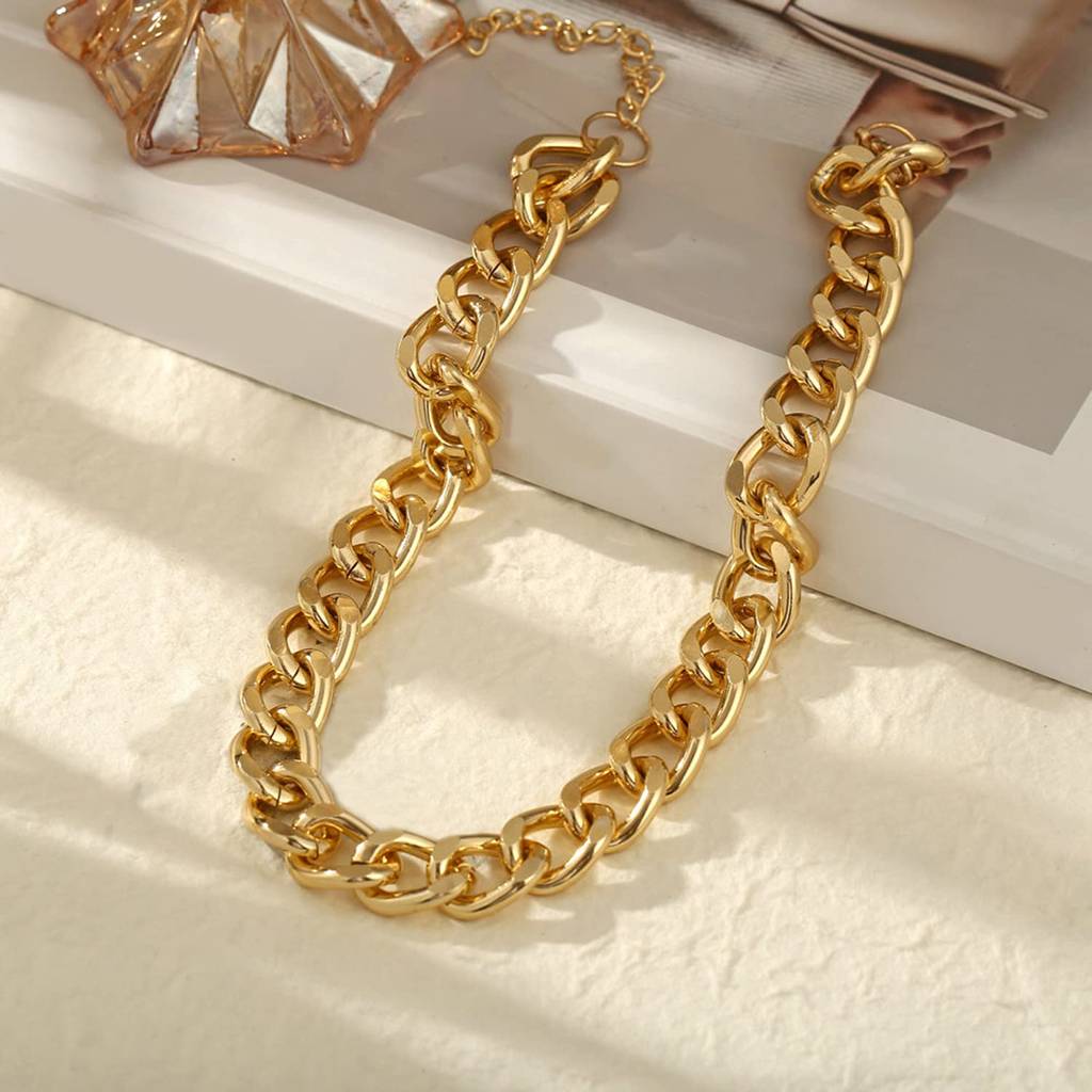 Big Chunky Hip Hop Turnover Gold Chain Necklace, 90S Punk Style Necklace For Rapper Costume : PX9N25