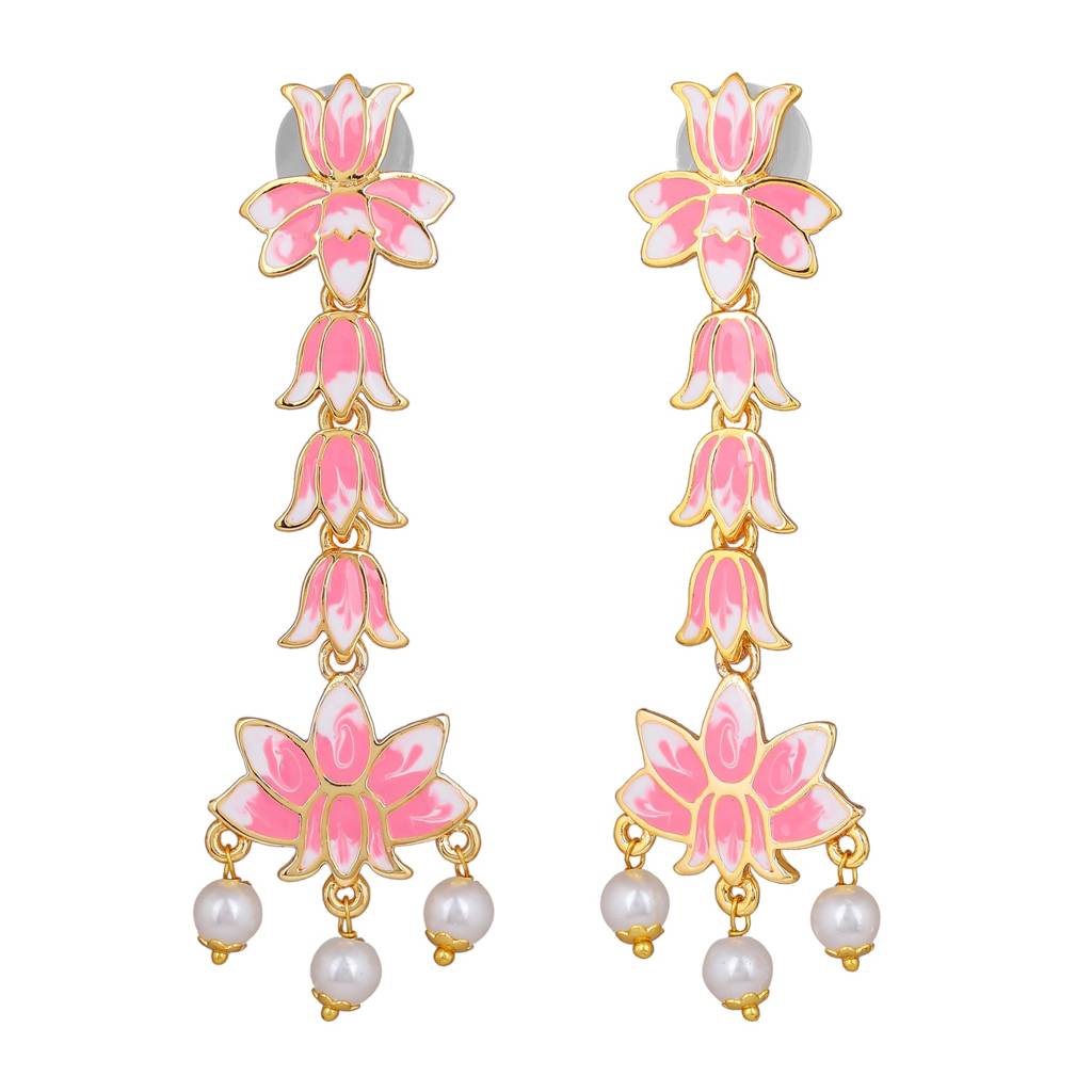 Estele Gold Plated Pink Enamel Lotus Designer Splendid Pearl Drop Dangler Earrings For Girl'S & Women : 799711-IGER