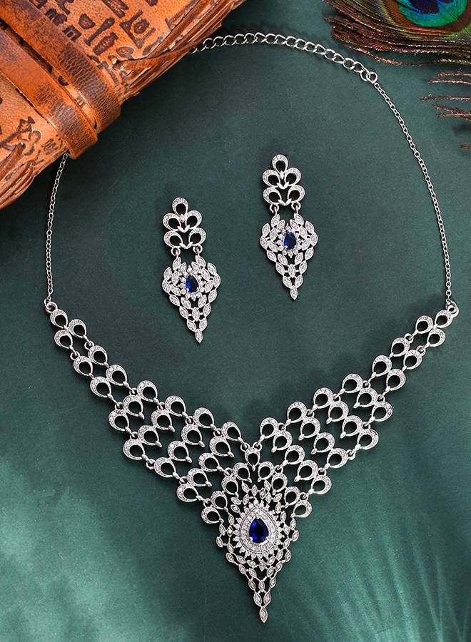 Peacock Royal Blue And White Cz Cutwork Design Waterfall Jewellery Set : 8905124514759