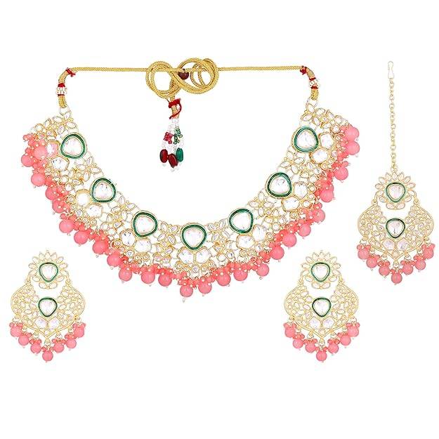 Estele Gold Plated Glittering Gehena Necklace Set & Maang Tikka With Mint Pink Beads For Women : PJ-038-IGMPNKERTK