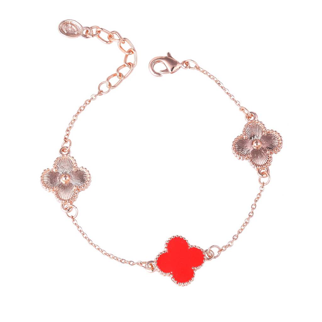Estele Rosegold Plated Fancy Red Clover Leafy Style Chain Link Adjustable Charm Bracelet For Girls And Women : 102183-RGRDBR