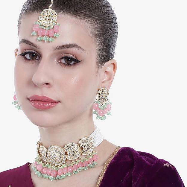 Estele Gold Plated Splendid Gehena Necklace Set & Maang Tikka With Mint Pink Beads For Women : PJ-041-IGMGMPNKERTK