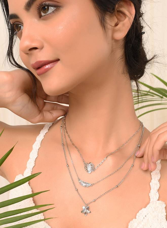 Voylla Hawaii Tropical Flora Multi-Layered Silver Necklace : 8905124524093
