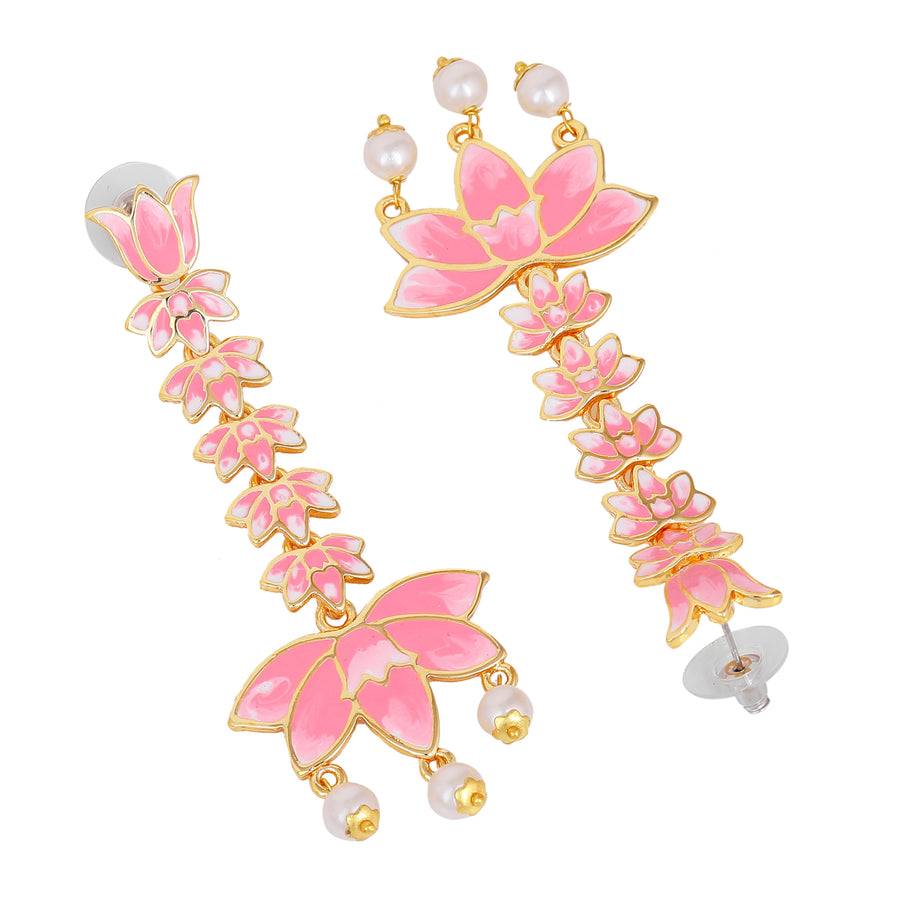 Estele Gold Plated Pink Enamel Lotus Designer Pearl Drop Dangler Earrings For Girl'S & Women : 799707-IGER