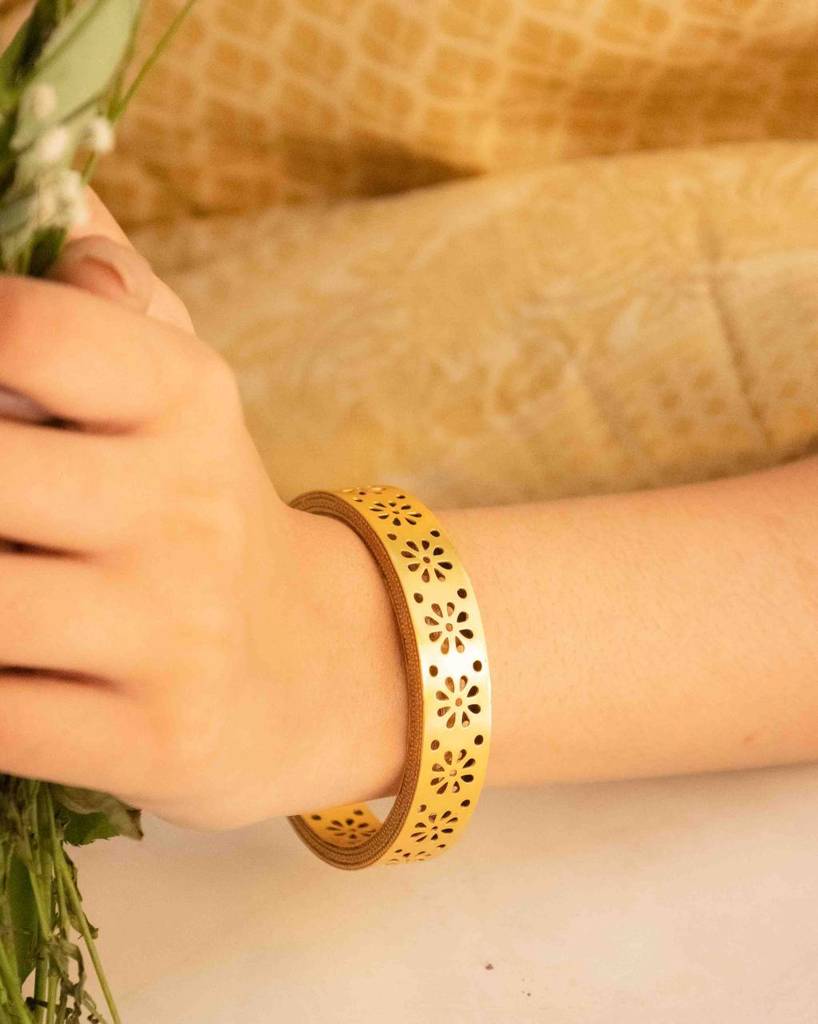 Moh Gold Plated Carved Flower Statement Kada : SKG1077-2-0