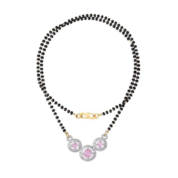 Gold & Rhodium Plated Lavish Trio Circular Pendant Mangalsutra Chain With Black Beads & White Crystals Fo : OSAKMS007-2TNMPNK