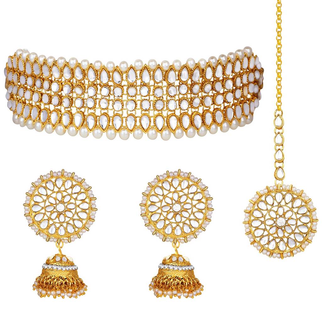 Gold Plated Traditional Kundan Brass Alloy Pearl Choker Necklace With Earring Maang Tikka Jewellery Set For Women : PF25N1190W