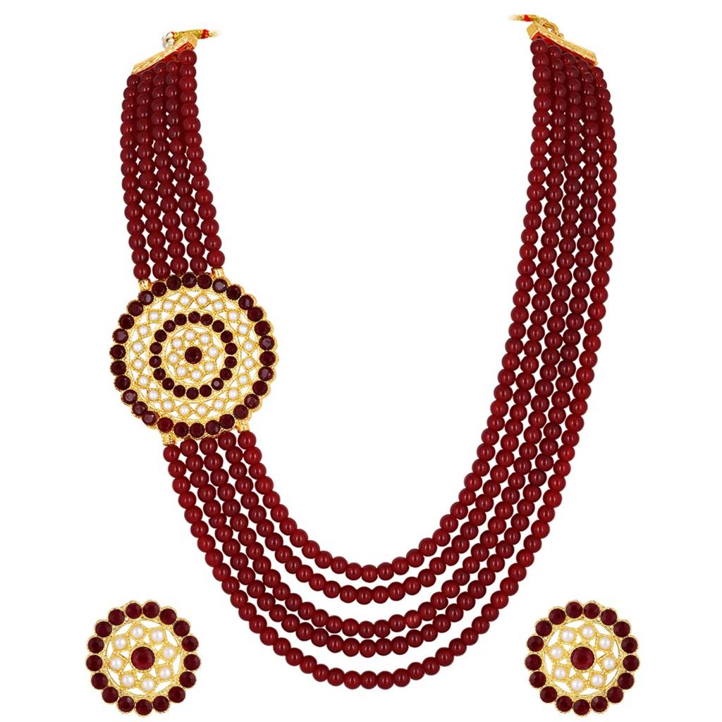 Gold Plated Kundan & Maroon Pearl Studded 5 Layer Long Jewellery Set For Women : PF25N13M