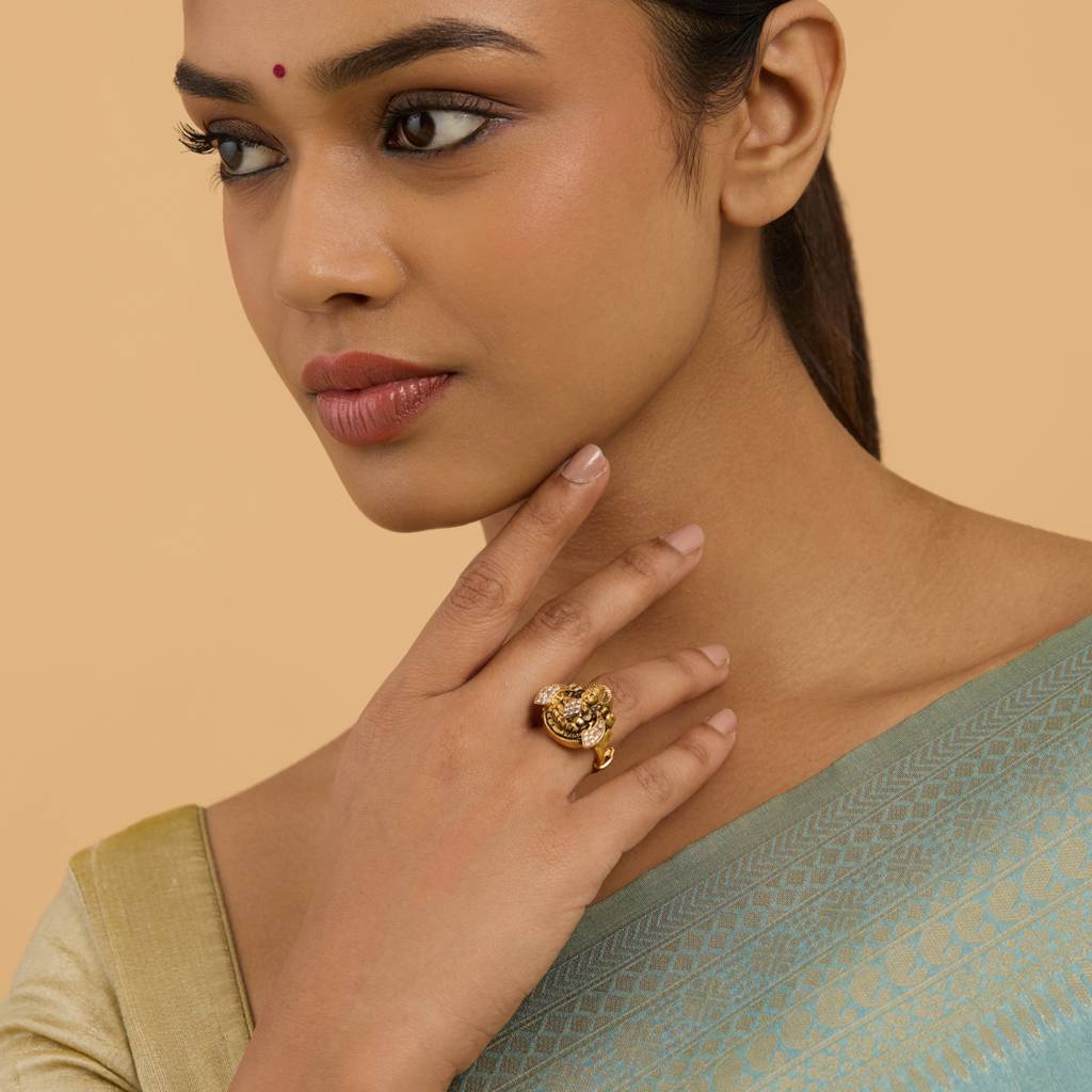 Kushal'S Fashion Jewellery White Stone-Studded Gold-Plated Pure Silver Temple Finger Ring : 426667