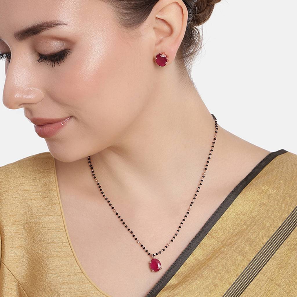 Estele Rose Gold Plated Cz Spherical Maangalsutra Necklace Set With Ruby Stones For Women : ADMS040-RGRBNKER