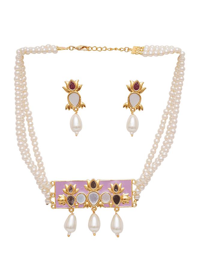 Pink Pearl String Short Festive Hues Necklace With Mirror Work Enameled Motif : 8905124466270