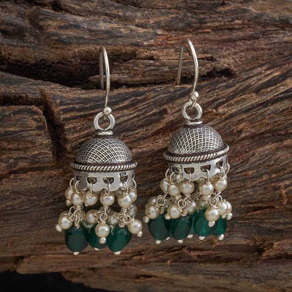 Green Oxidised-Silver Plated Ethnic Pure Silver Jhumkas-434487 : 434487