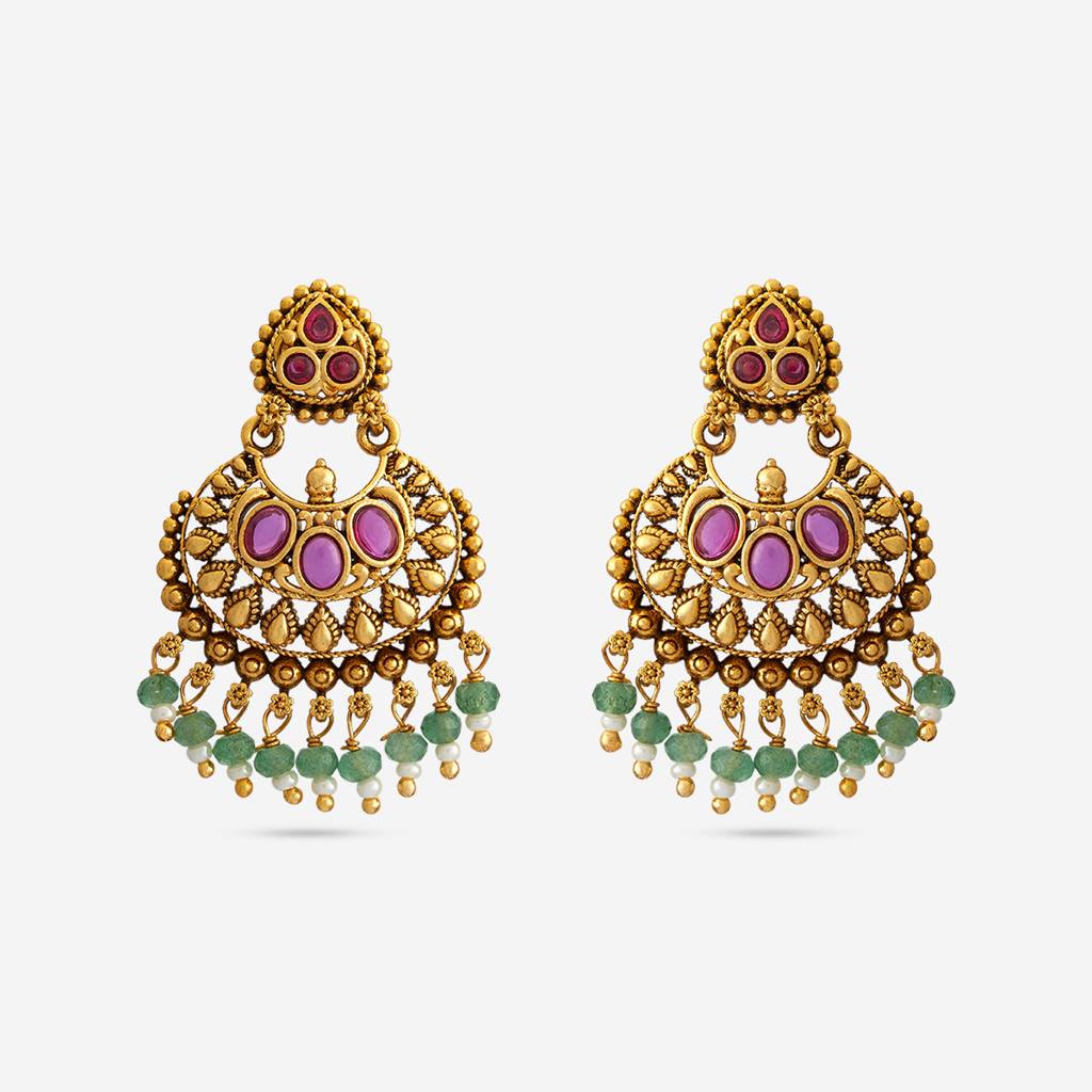 Ruby-Green Gold-Plated Ethnic Antique Chandbali Earrings-442470 : 442470
