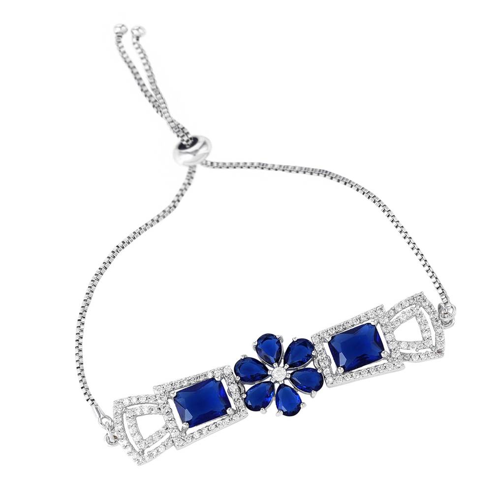Estele Rhodium Plated Exquisite Floral Motif Enhanced Adjustable Charm Bracelet With Classic Blue American Dia : AD-068-IRBLBR