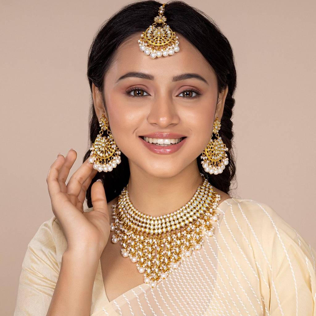 Traditional Kundan & Pearl Drop Bridal Dulhan Necklace Earring With Maang Tikka Jewellery Set For Women Girls-Pf2 : PF25N1177W