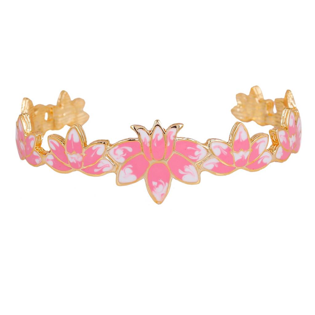 Estele Gold Plated Pink Enamel Lotus Designer Appealing Cuff Bracelet For Girl'S & Women : AD-062-IGBR