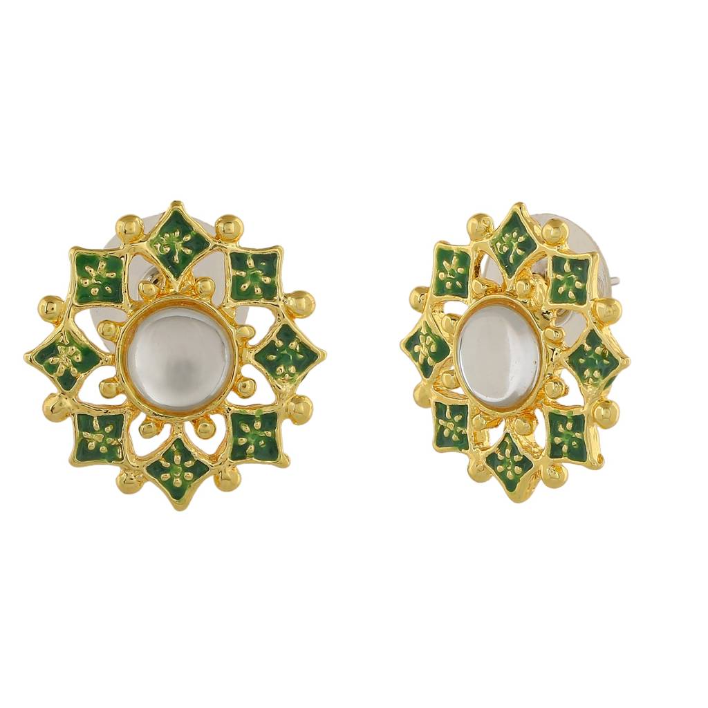Estele Gold Plated Green Meenakari Kundan Stud Earrings For Women : 798702-IG-AER