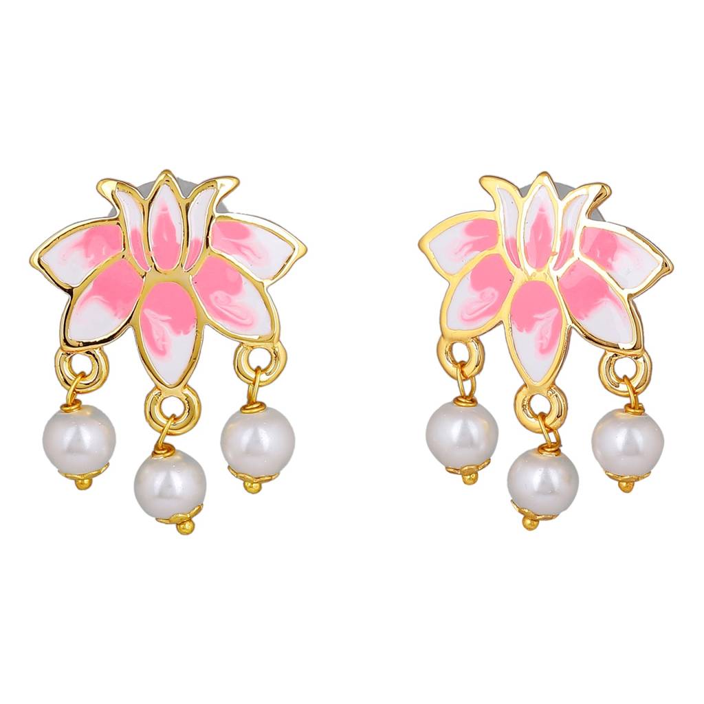 Estele Gold Plated Lotus Designer Pretty Pearl Drop Earrings With Pink Enamel For Girl'S & Women : 799703-IGER