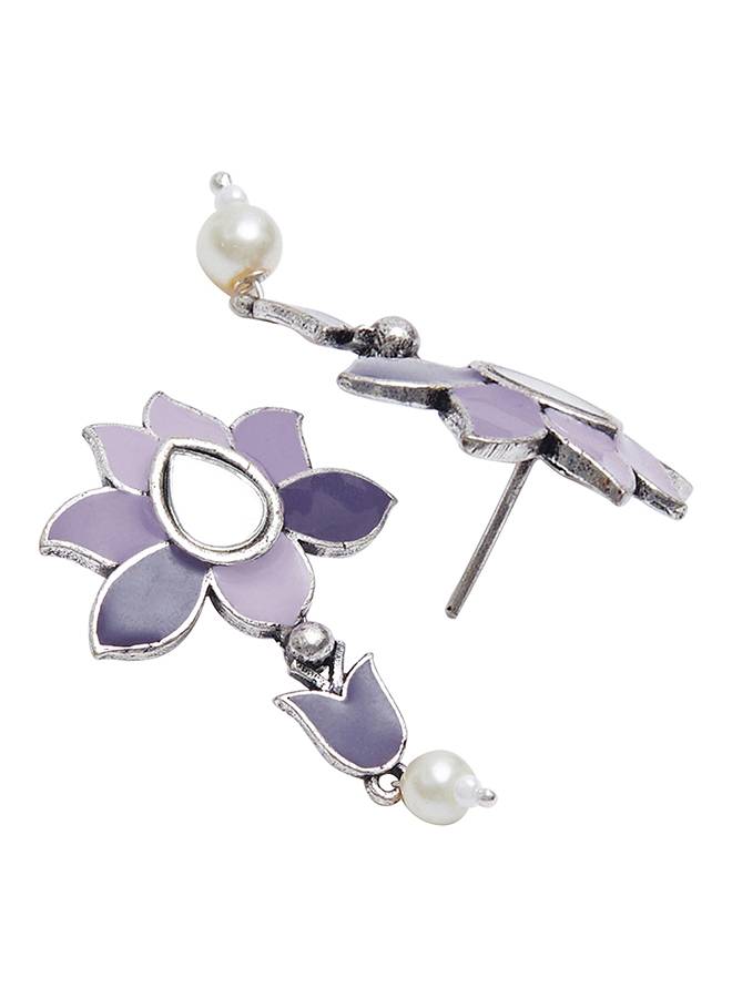 Festive Hues Blue Enamel Mirror Detail Faux Pearls Adorned Silver Oxidised Jewellery Set : 8905124458770