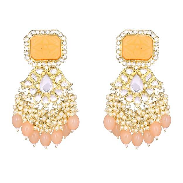 Estele Gold Plated Fashionable Gehena Drop Earrings With Peach Beads For Women : PJ-013-IGPHER