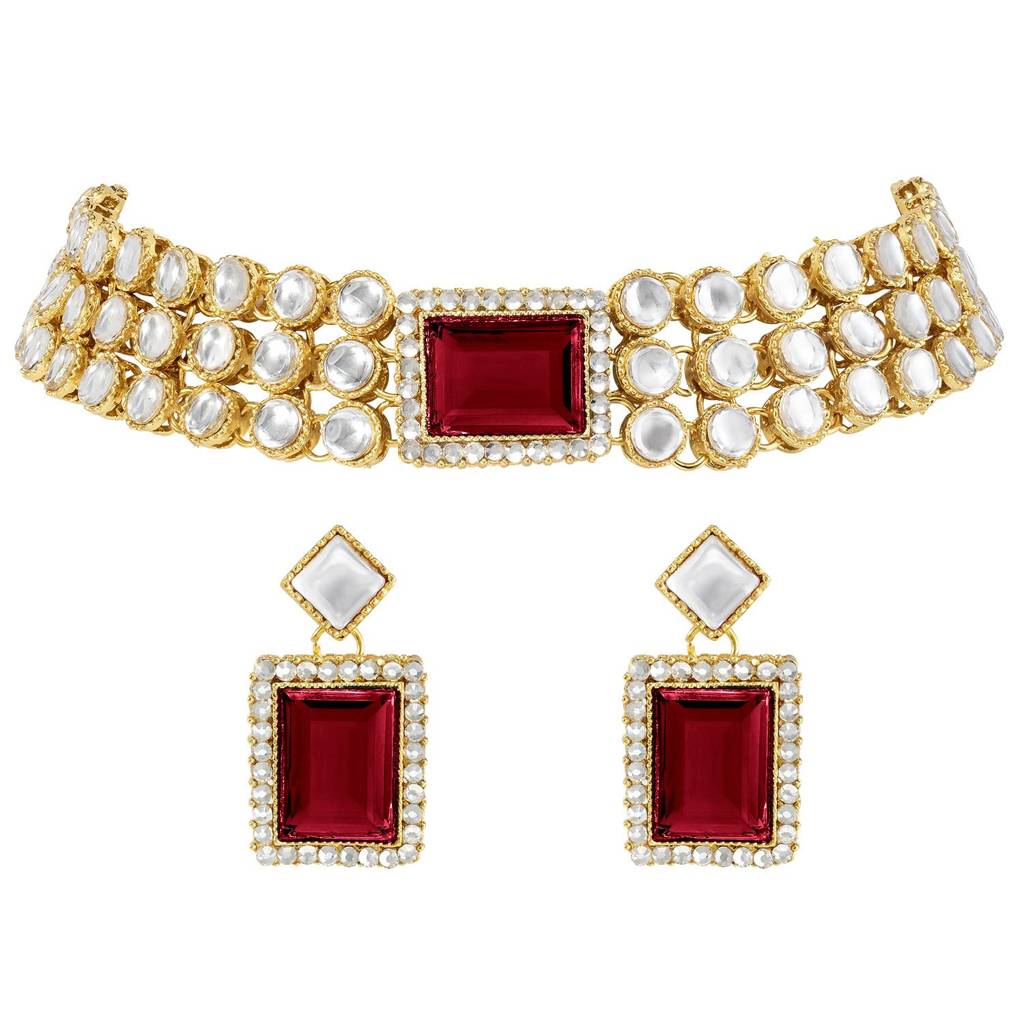Gold Plated Kundan/Crystal Choker Necklace Earring Indian Traditional Jewellery Set For Women-Pf24N37 : PF24N37M