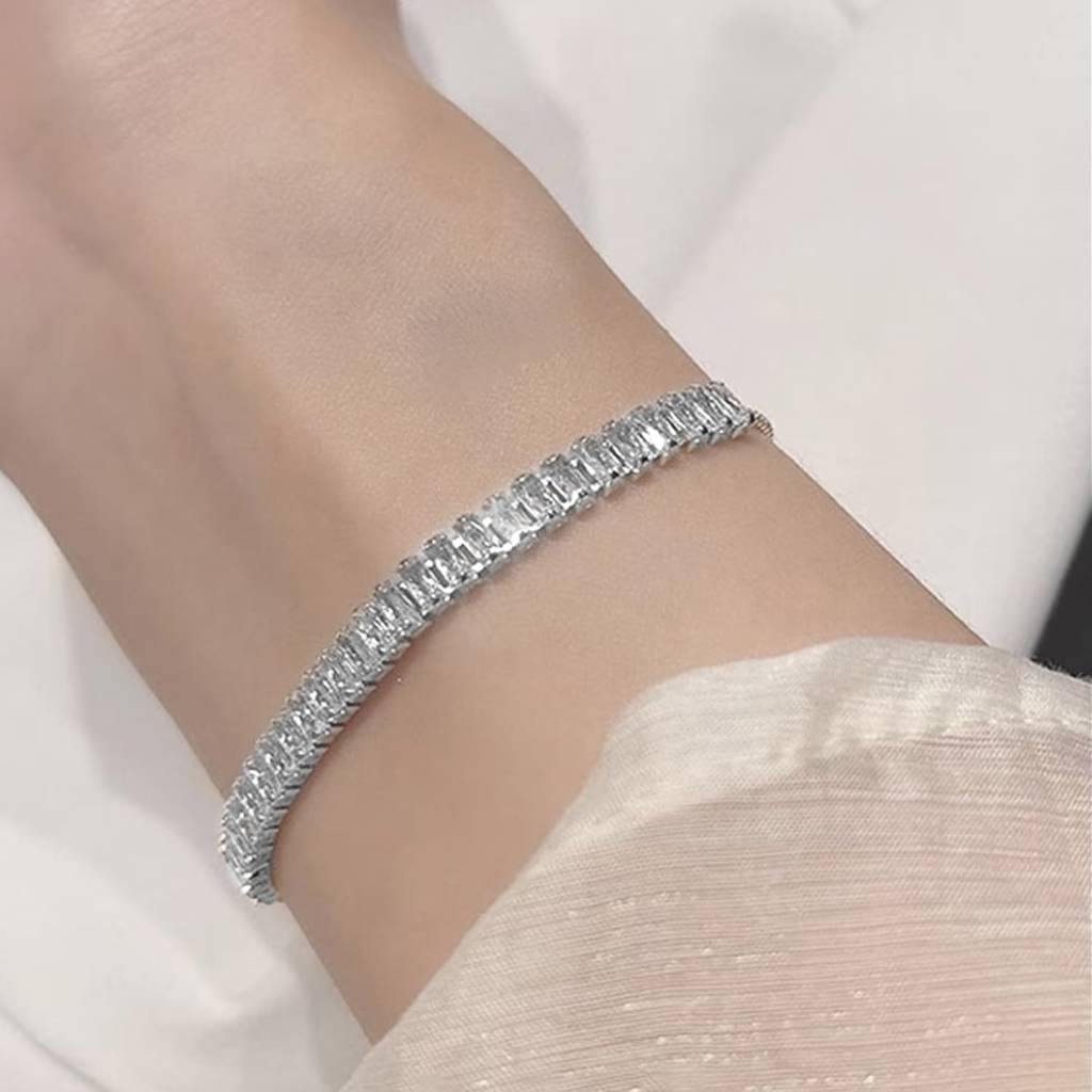 Silver Plated White Baguette Stone Studded Adjustable Tennis Bracelet Stylish Fashion Jewellery For Women & Girls : PX8B80S