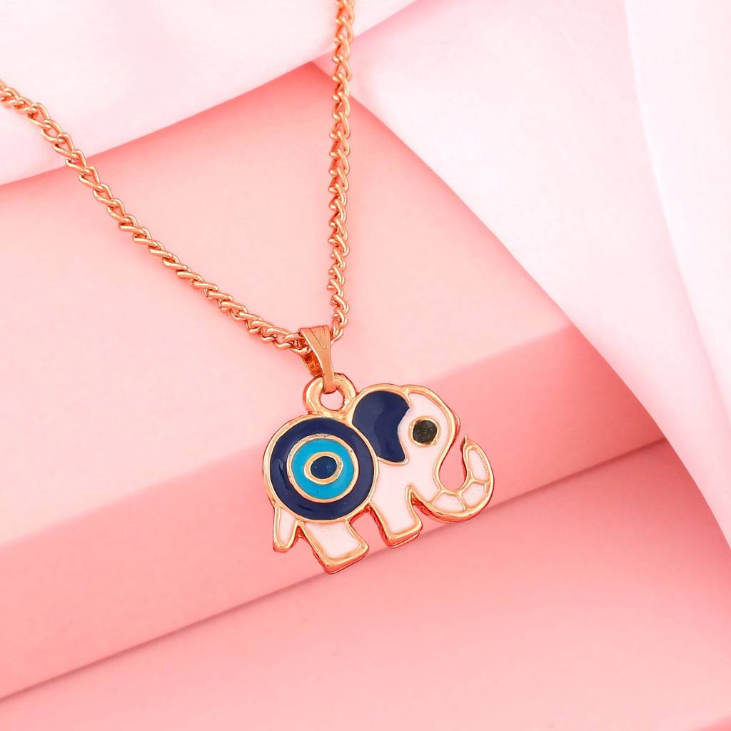Estele Rose Gold Plated Gorgeous Elephant Designer Evil Eye Charm Pendant With Navy Blue & Turquoise Blu : 1011-RG-NBTQPENDANT