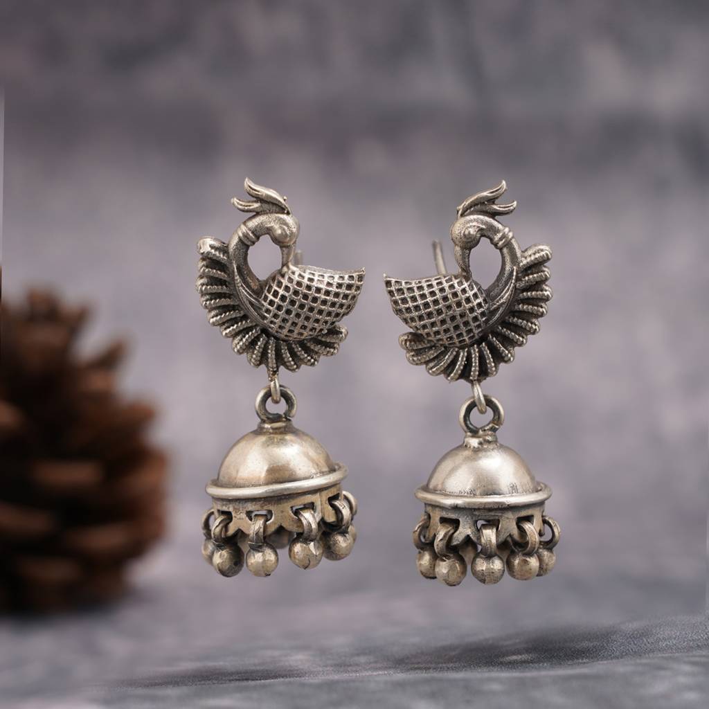 Intricately Carved Peacock Studs With Jhumkis Drops : SSE770