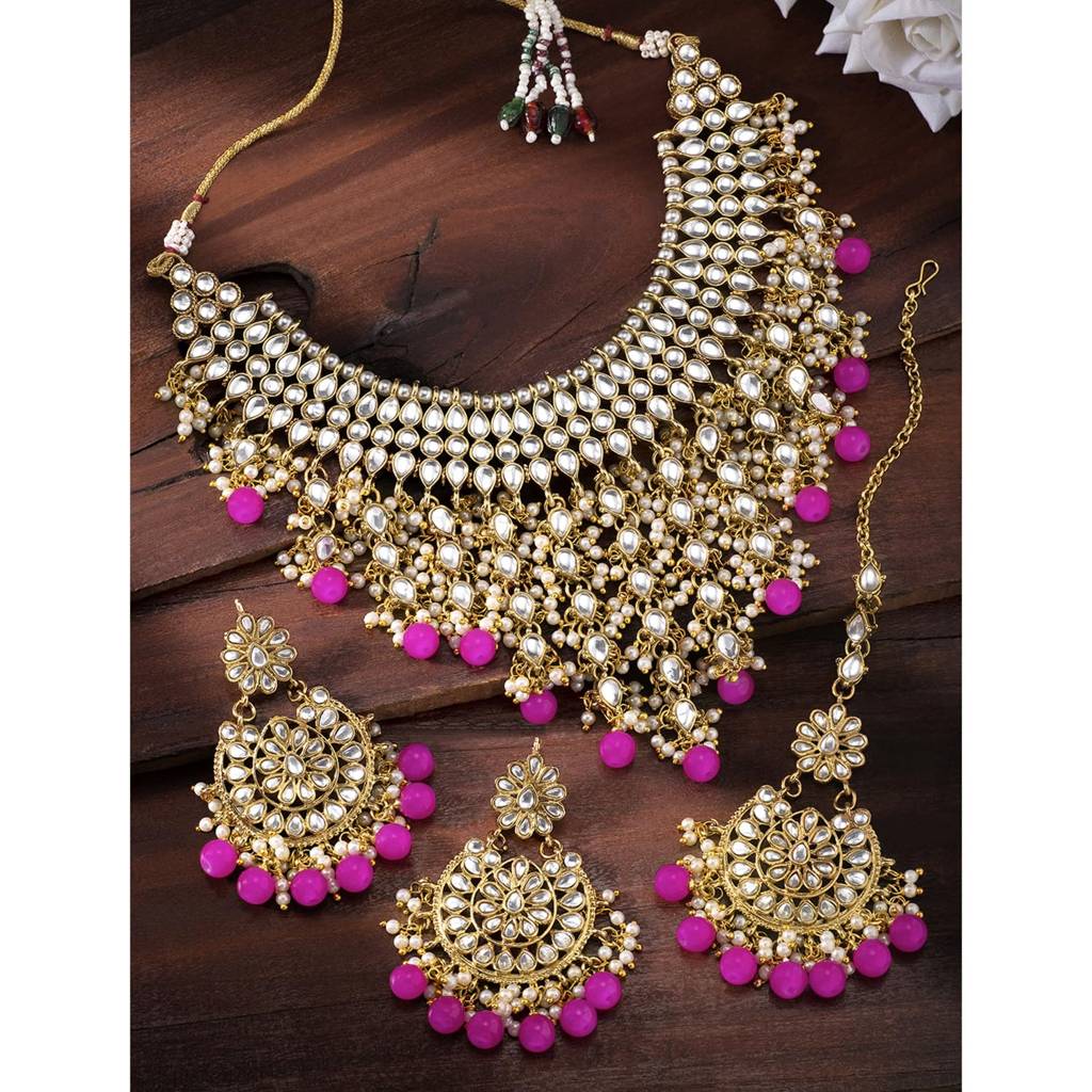 Traditional Kundan & Pearl Drop Bridal Dulhan Necklace Earring With Maang Tikka Jewellery Set For Women Girls-Pf : PF25N1177RP