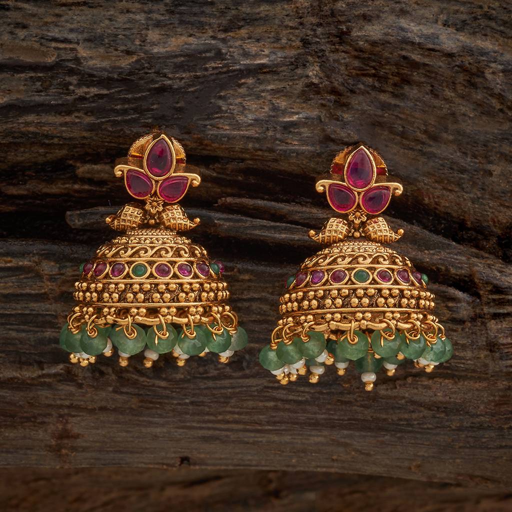 Kushal'S Fashion Jewellery Ruby-Green Gold-Plated Ethnic Antique Jhumkas-433676 : 433676