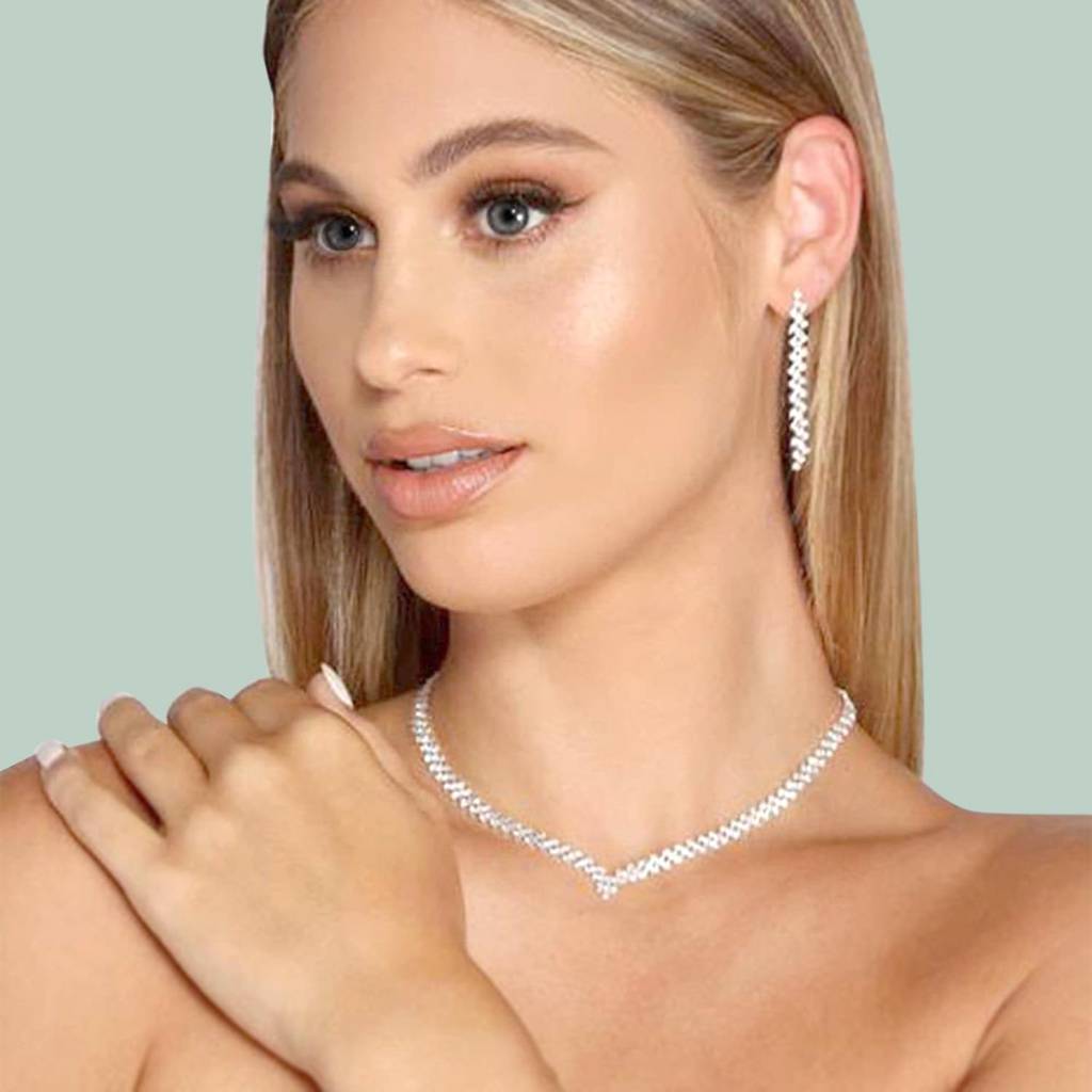 Silver Plated Cubic Zirconia Necklace And Drop Earring Set Stylish Fashion Jewellery For Women & Girls : PX9N98