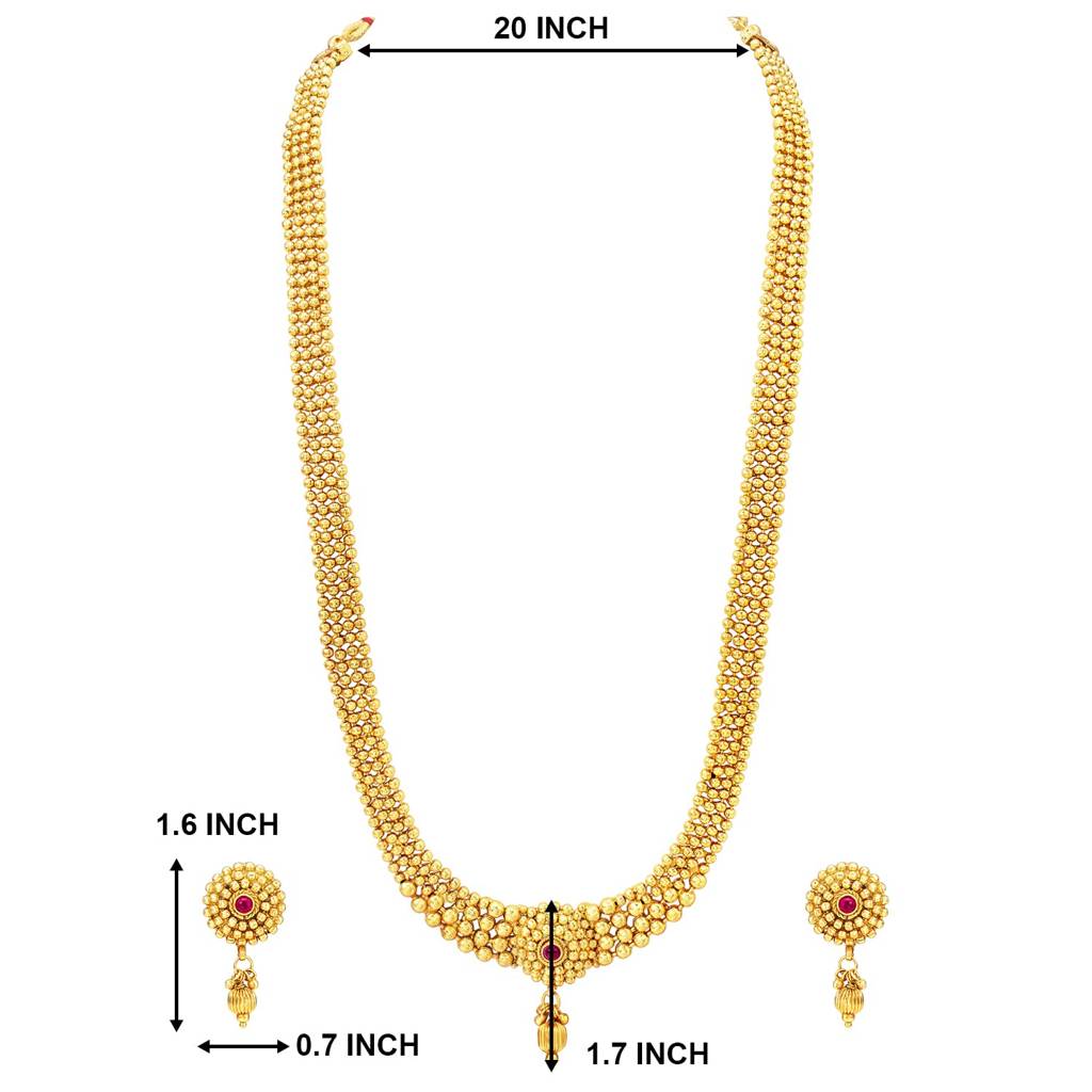 Traditional Long Gold Plated Maharashtrian & South Indian Style Necklace Earrings Jewellery Set For Women : PF04BRLS3398RP