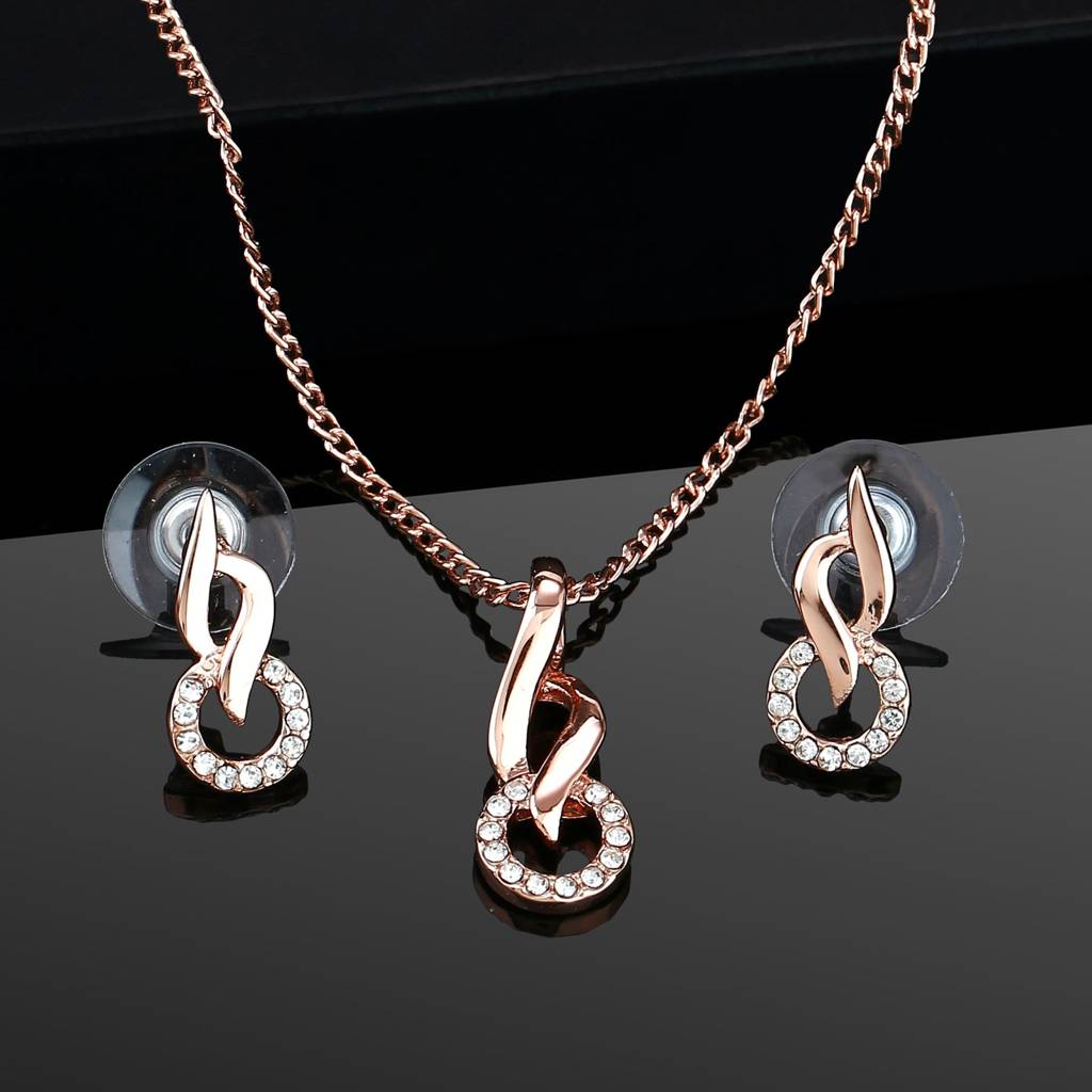 Estele Rosegold Plating Austrian Crystal Flame Ring Shaped Pendant Necklace Set For Girl / Women : 8918NKER
