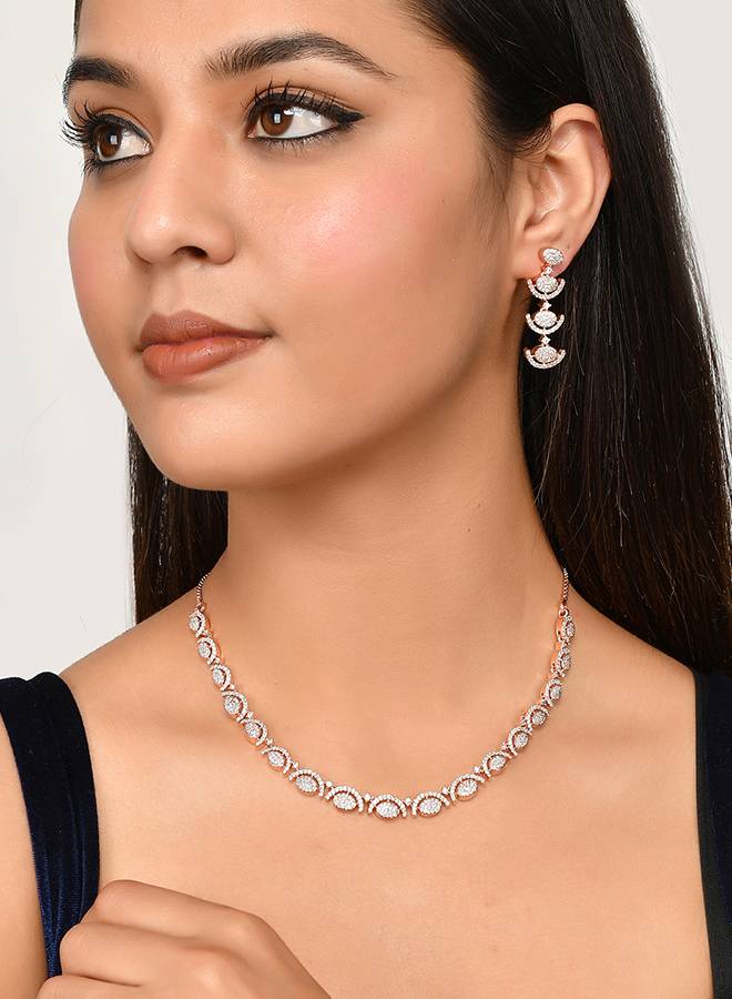 Cz Elegance Rose Plated Brass Made Women Necklace Set : 8905124477740