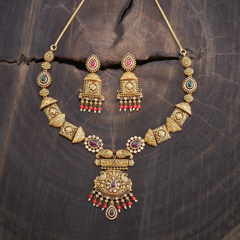 Kushal'S Fashion Jewellery Gold-Plated Ruby Stone Studded Antique Jewellery Set : 433436