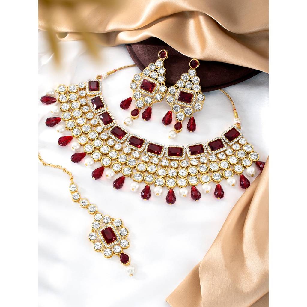 Crystal Choker Necklace With Maang Tikka Earrings Indian Traditional Bridal Wedding Jewellery Set For Women Girls- : PF25N708M