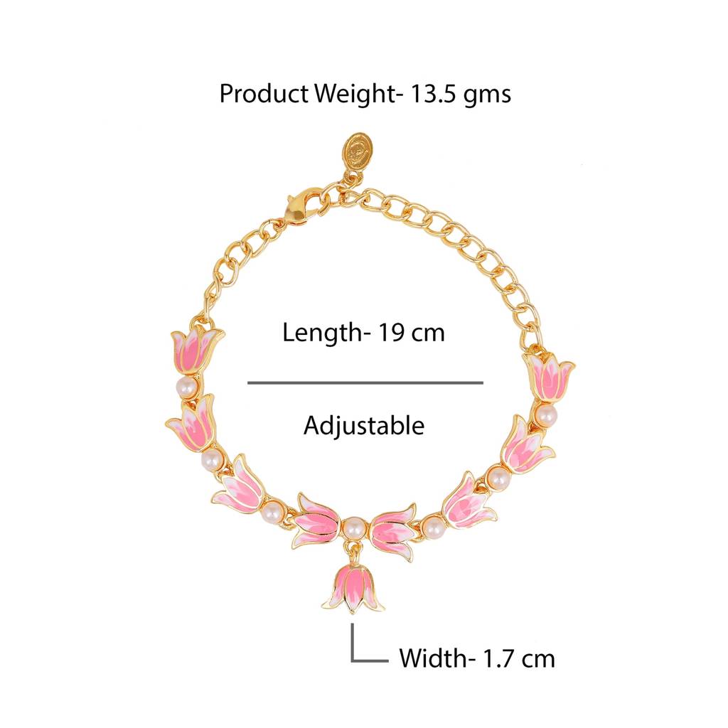 Estele Gold Plated Pink Enamel Lotus Designer Link Chain Adjustable Bracelet With Pearls For Girl'S & Women : 102176-IGBR
