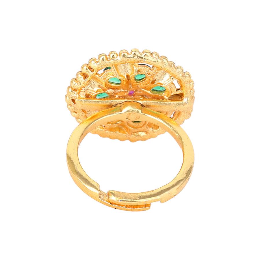 Estele Gold Plated Flower Designer Matte Finish Finger Ring With Multi-Color Crystals For Women : AD-150-IGGNRBRING