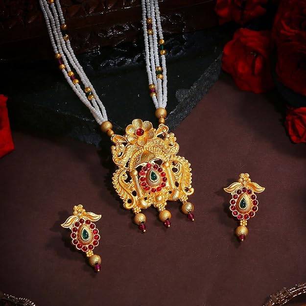 Estele Gold Plated Traditional Gehena Pearl Necklace Set With Ruby Crystals For Women : PJ-046-IGRBNKER