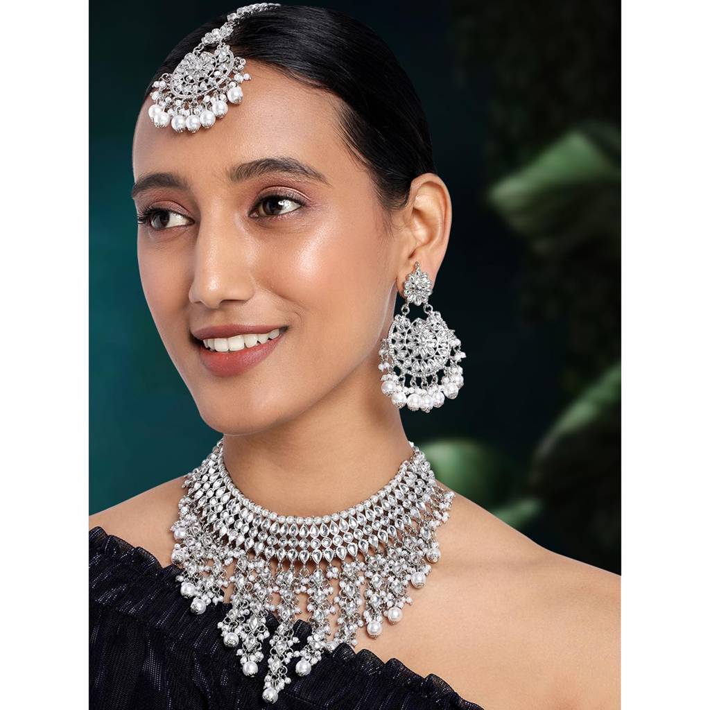 Traditional Kundan & Pearl Drop Bridal Dulhan Necklace Earring With Maang Tikka Jewellery Set For Women Girls-Pf : PF25N1177RW