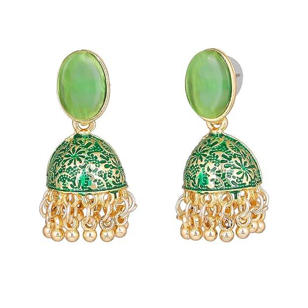 Estele Gold Plated Traditional Gehena Jhumka Earrings With Green Enamel For Women : PJ-002-IGGNER