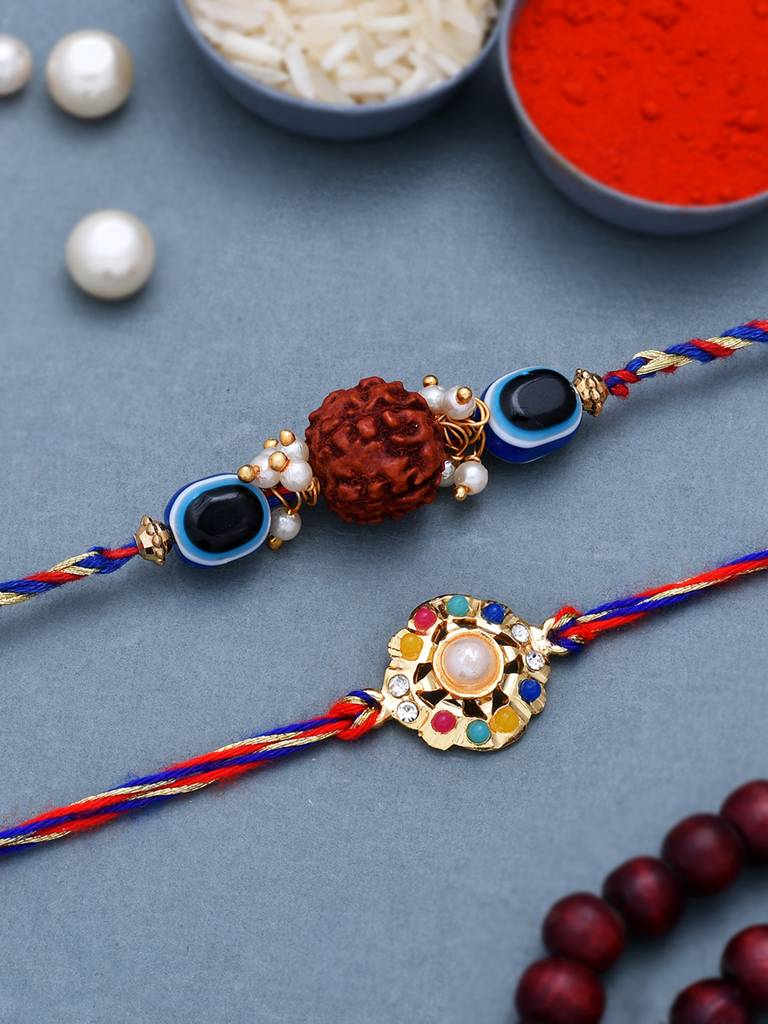Set Of 2 Colorful Stones Studded Graceful Rakhi And Pearl Beaded Rakhi Embellished With Rudraksh : 8905124462043