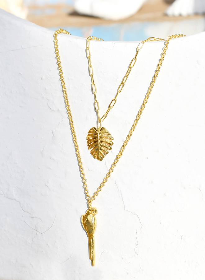 Voylla Hawaii Double-Layered Monstera And Tropical Bird Necklace : 8905124521702