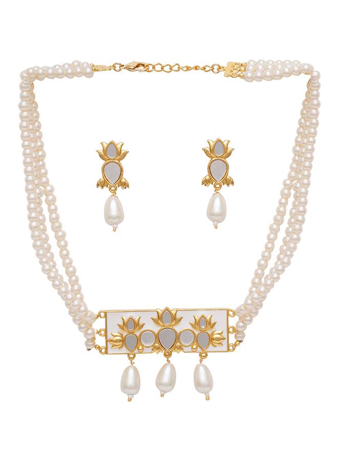 White Pearl String Short Festive Hues Necklace With Mirror Work Enameled Motif And Triple Pearl Drops : 8905124466287