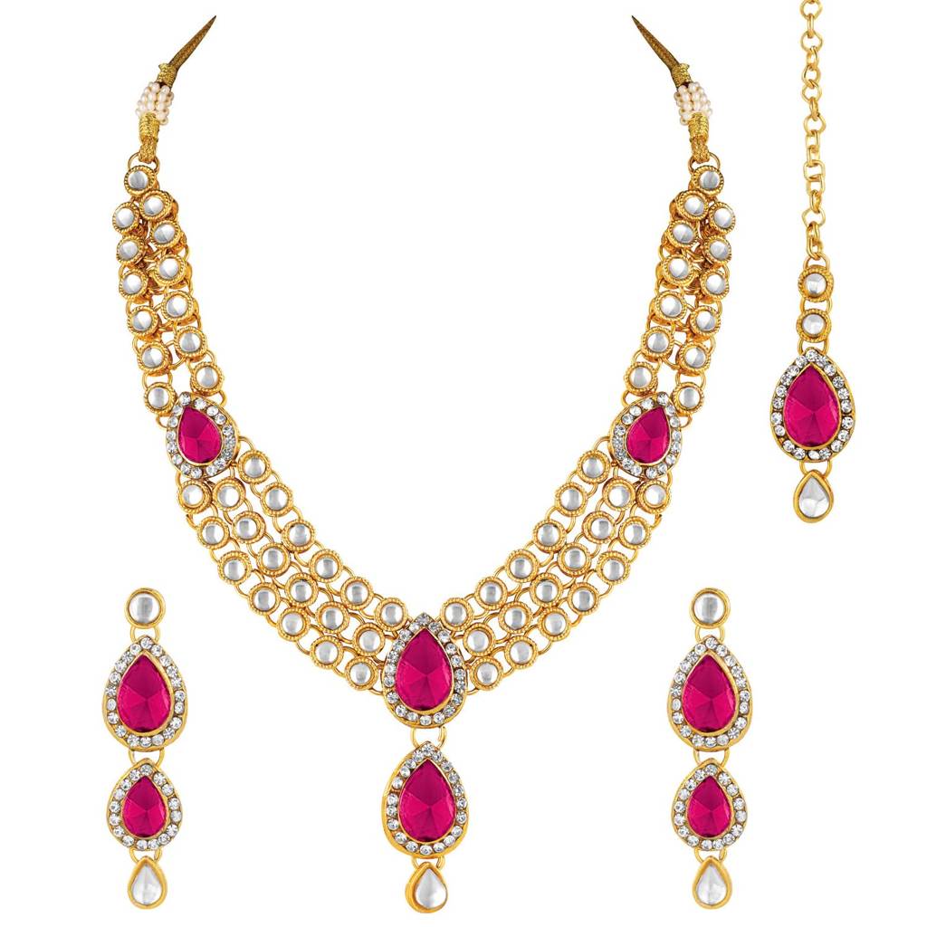 Gold Plated Traditional Rani Pink Kundan Necklace Earring Maang Tikka Jewellery Set For Women : PF25N009RP