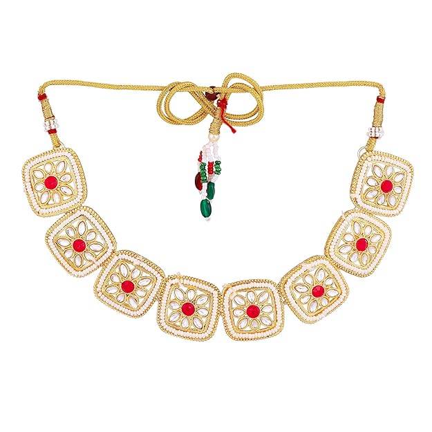 Estele Gold Plated Square Designer Kundan-Studded Gehena Necklace Set For Women : PJ-021-IGRBNKER