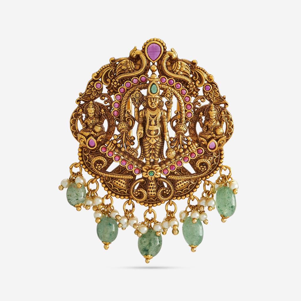 Ruby-Green Gold-Plated Ethnic Antique Hair Brooch  -442014 : 442014